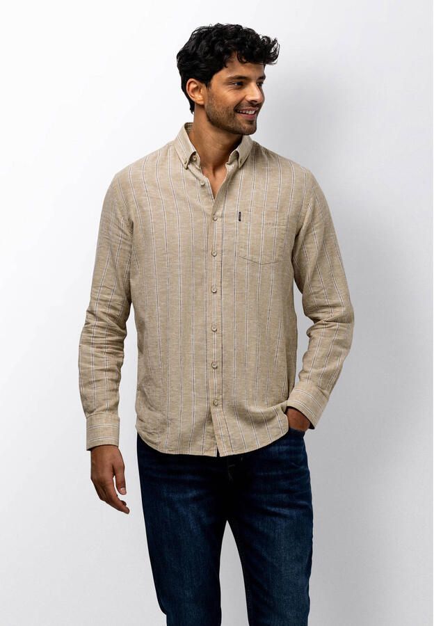 State of Art regular gestreepte casual overhemd met linnen beige