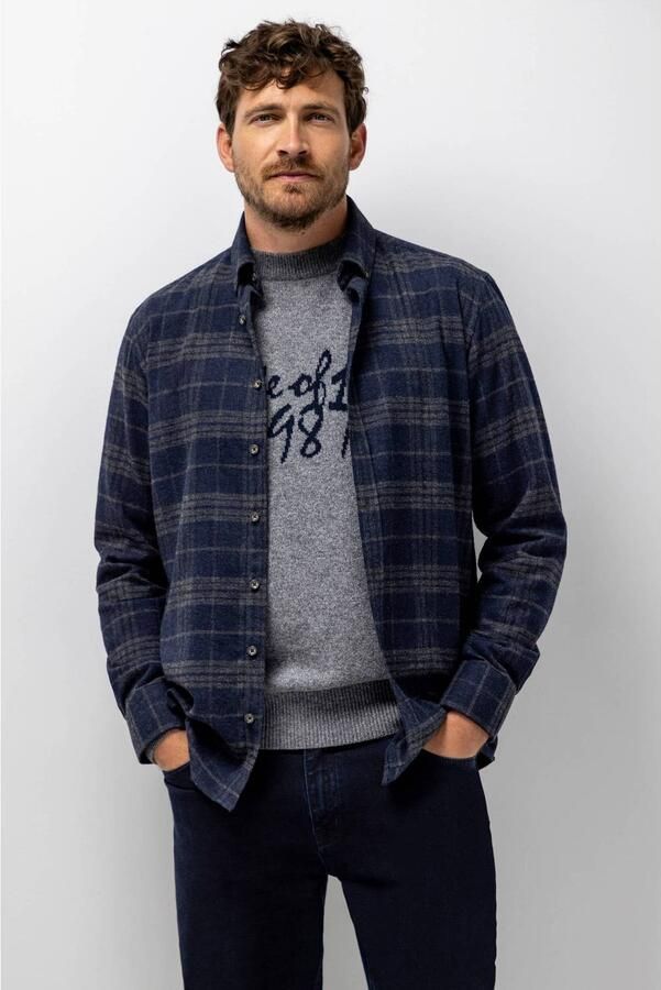 State of Art wollen regular fit geruit overhemd dark-blue medium-grey