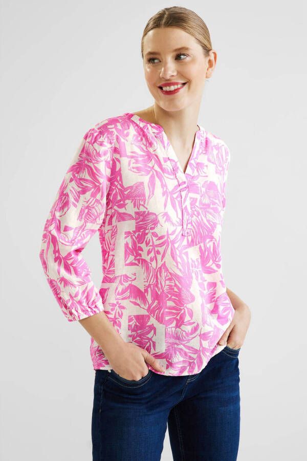 Street One blousetop met linnen en bladprint roze wit