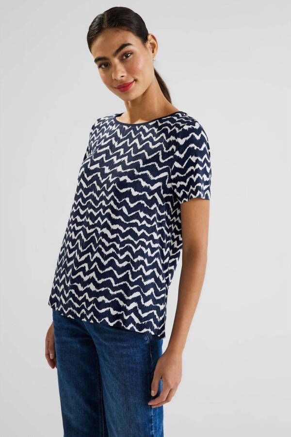 Street One T-shirt met all over print donkerblauw wit