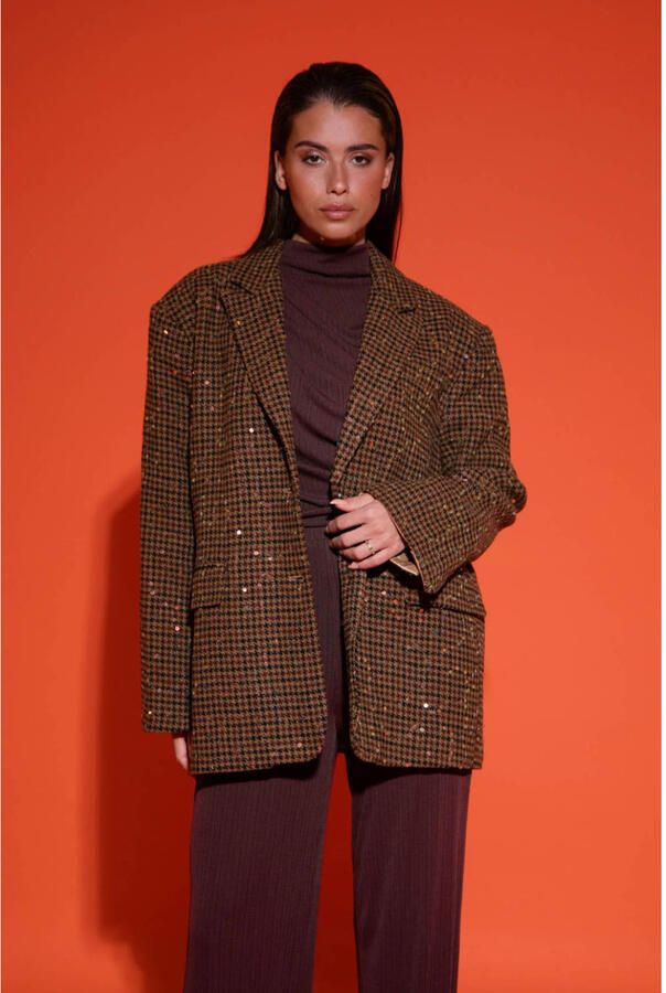Studio AMAYA geruite oversized blazer met wol bruin met glitter - Foto 5