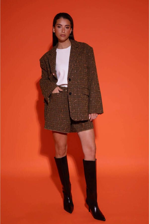 Studio AMAYA geruite oversized blazer met wol bruin met glitter - Foto 6