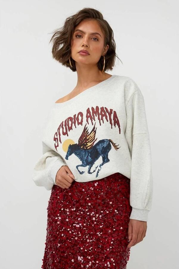 Studio AMAYA pullover met print lichtgrijs