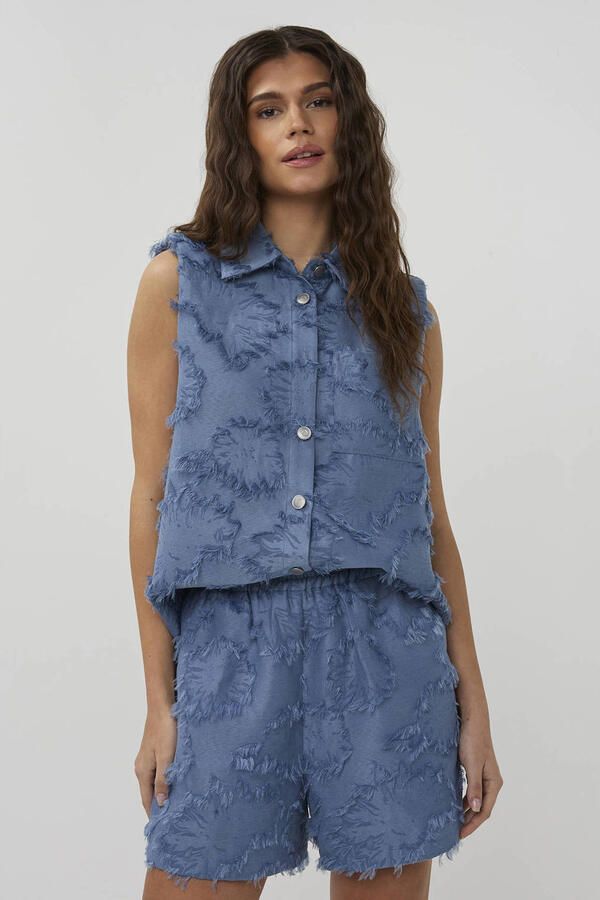 Studio AMAYA regular high waist casual short met textuur blauw - Foto 5
