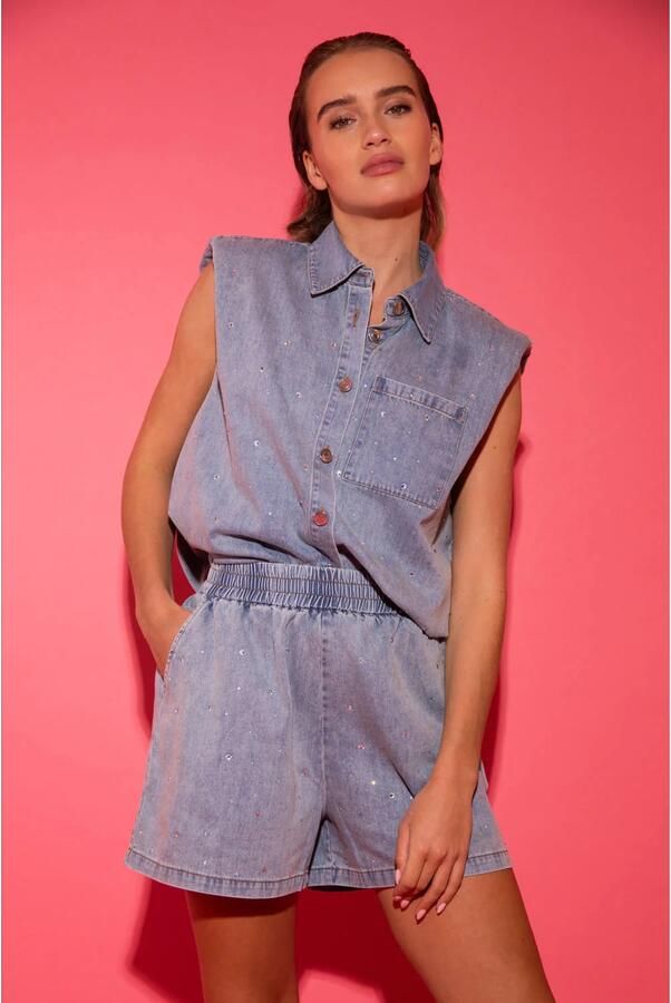 Studio AMAYA straight high waist denim short light blue denim met glitter