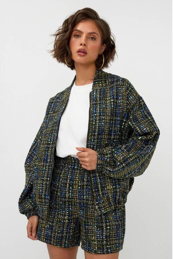 Studio AMAYA tweed wide leg korte broek met glitters groen