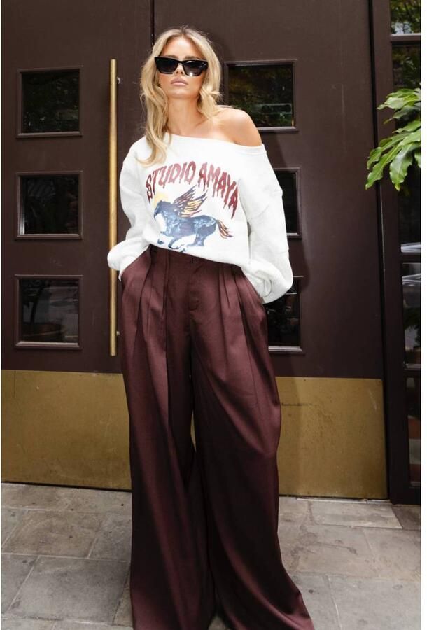 Studio AMAYA wide leg broek met plooien bruin - Foto 2