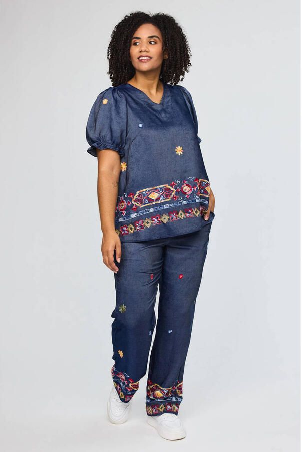 STUDIO denim gebloemde top blauw