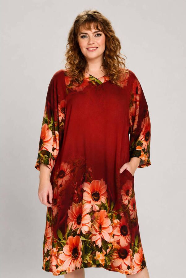 STUDIO gebloemde midi jurk Plus Size donkerrood
