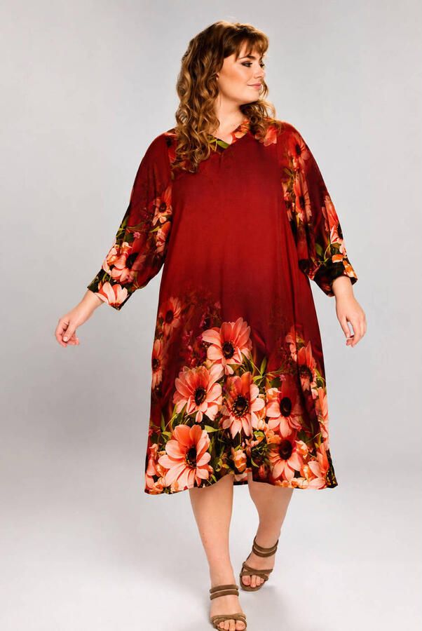STUDIO gebloemde midi jurk Plus Size donkerrood - Foto 2