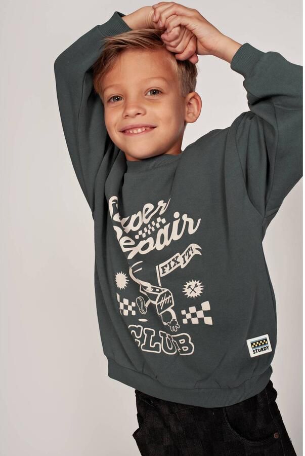 Sturdy oversized sweater met tekst petrol ecru Blauw Printopdruk