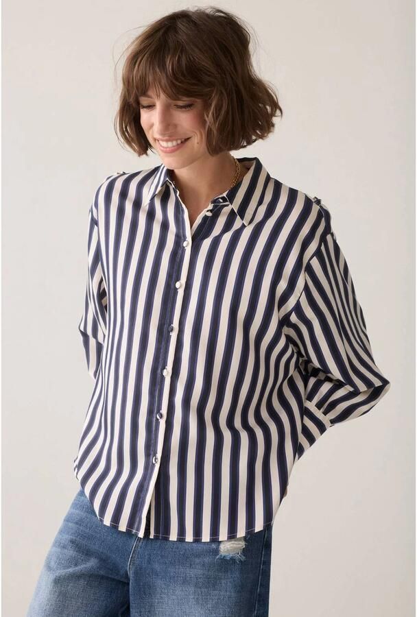 Summum gestreepte blouse met plooien donkerblauw