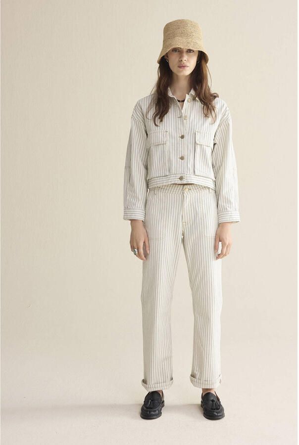 Summum straight regular waist broek met krijtstreep ecru