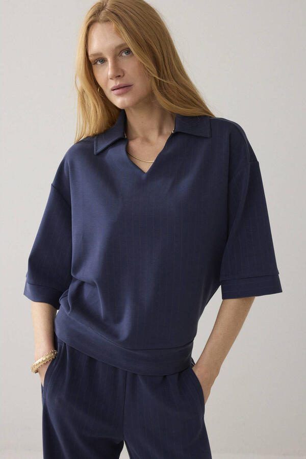 Summum top met krijtstreep donkerblauw