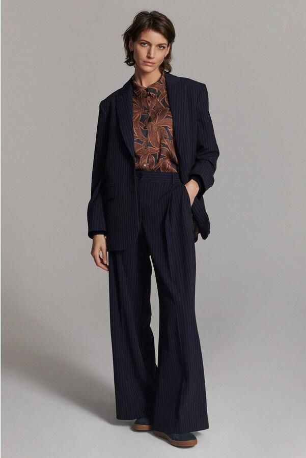 Summum wide leg broek met krijtstreep donkerblauw