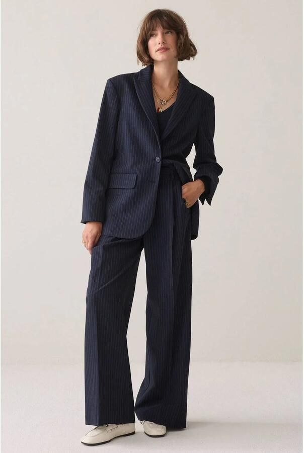 Summum wide leg broek met krijtstreep donkerblauw - Foto 2