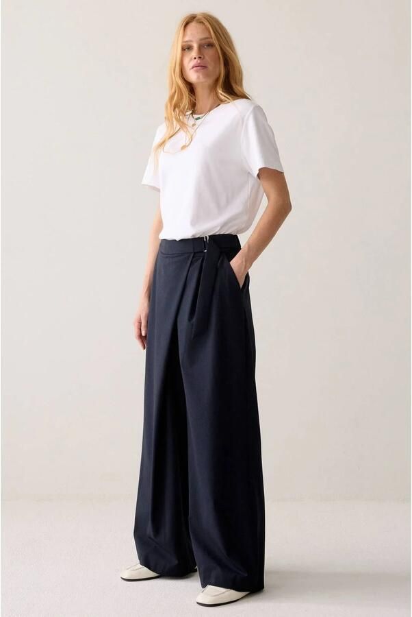 Summum wide leg broek met krijtstreep donkerblauw