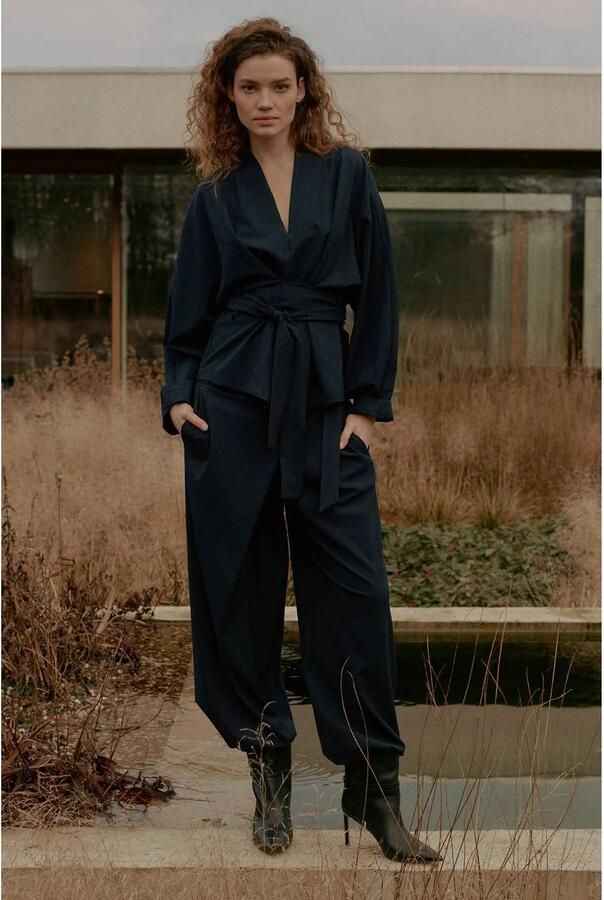 Summum wide leg broek met krijtstreep donkerblauw - Foto 2