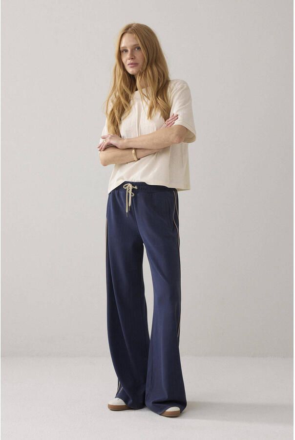 Summum wide leg regular waist broek met krijtstreep donkerblauw