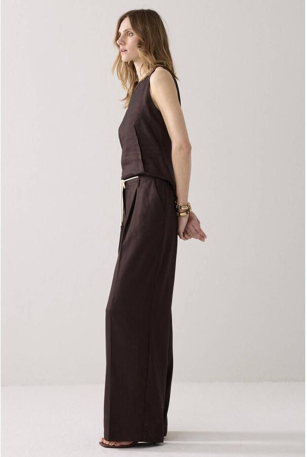 Summum wide leg regular waist broek met linnen donkerbruin