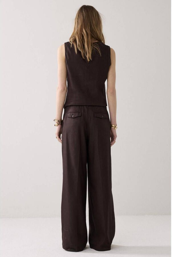 Summum wide leg regular waist broek met linnen donkerbruin - Foto 3