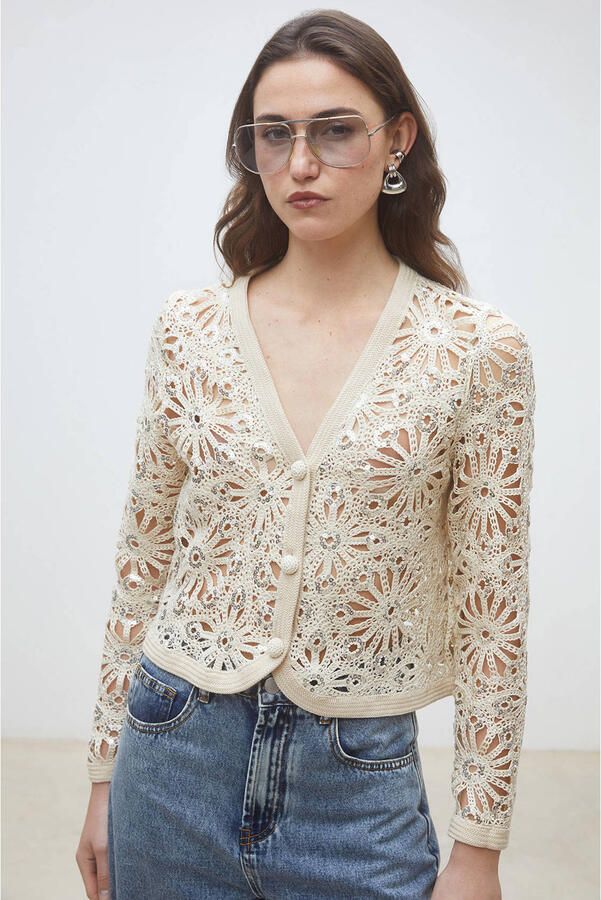 Suncoo gebloemde gebreid vest beige met pailletten