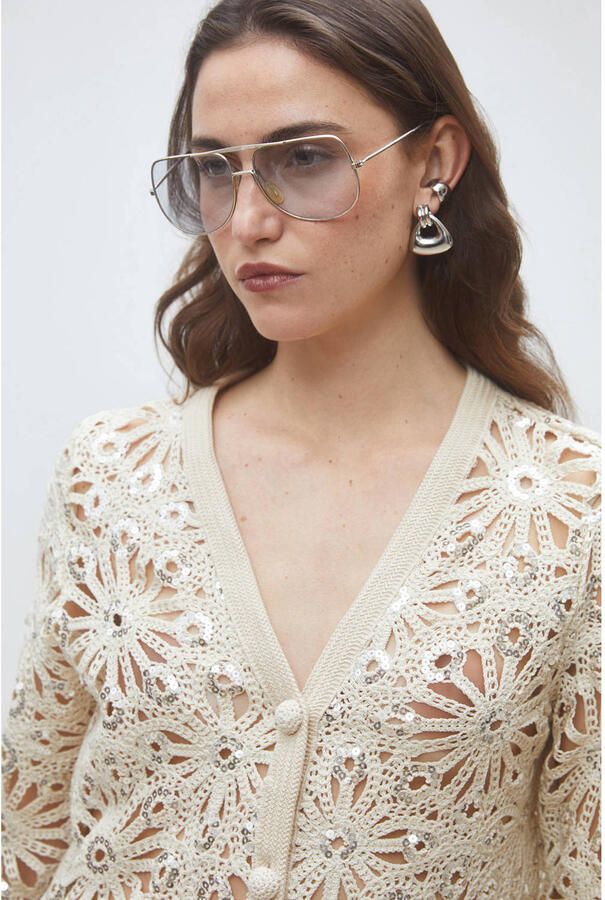 Suncoo gebloemde gebreid vest beige met pailletten - Foto 2