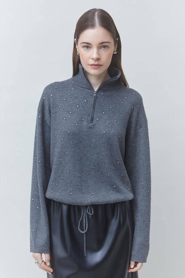 Suncoo schipperstrui met studs en wol grijs
