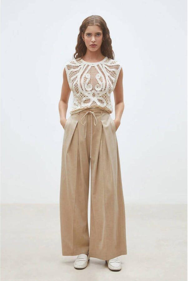 Suncoo wide leg high waist broek beige