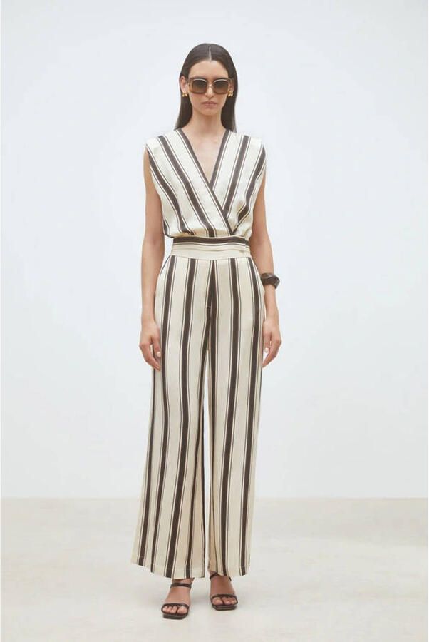 Suncoo wide leg high waist gestreepte broek crème - Foto 5