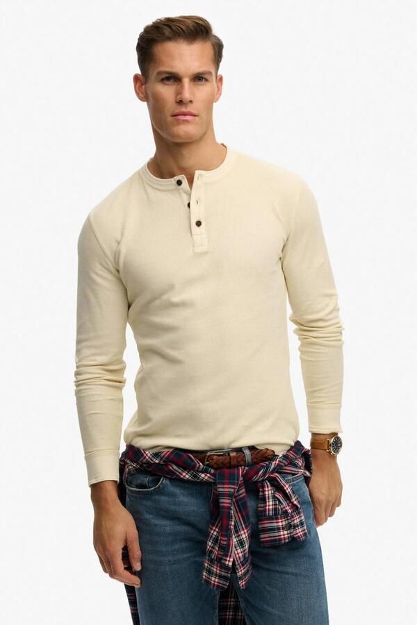 Superdry T-Shirt Lange Mouw Trui Henley Textured Ecru
