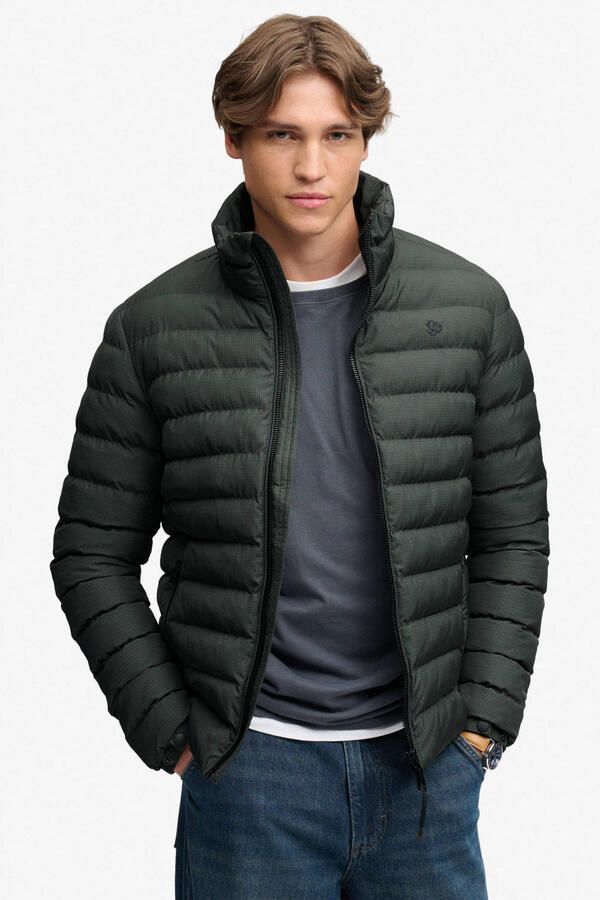 Superdry pied-de-poule quilted gewatteerde jas olijfgroen donkerblauw