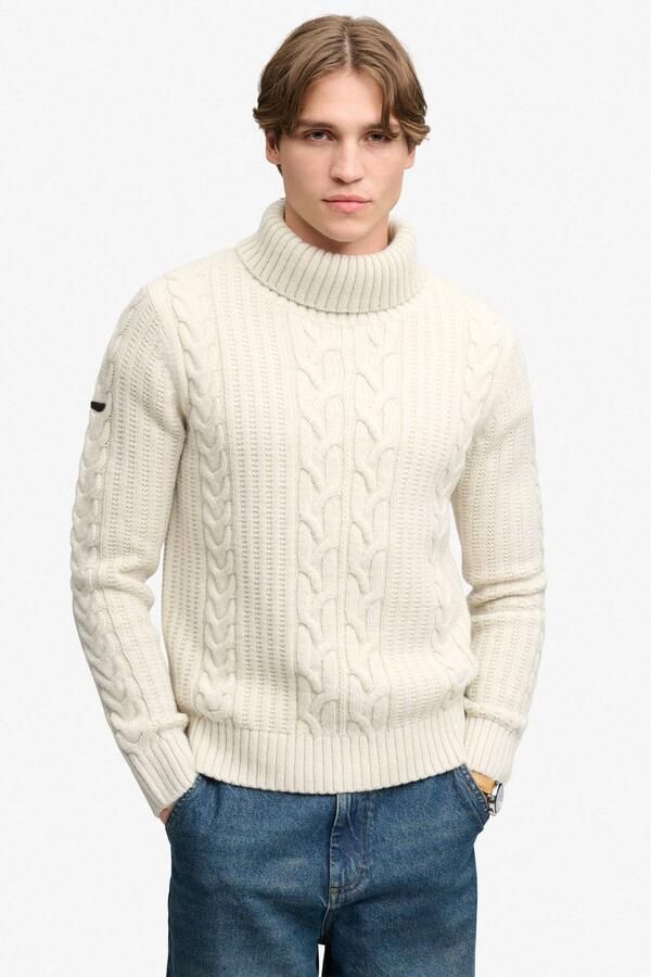 Superdry regular fit gebreide coltrui met kabels en wol ecru