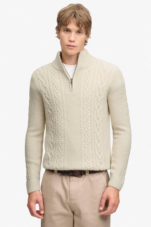 Superdry slim fit gebreide kabeltrui met kabels en wol ecru
