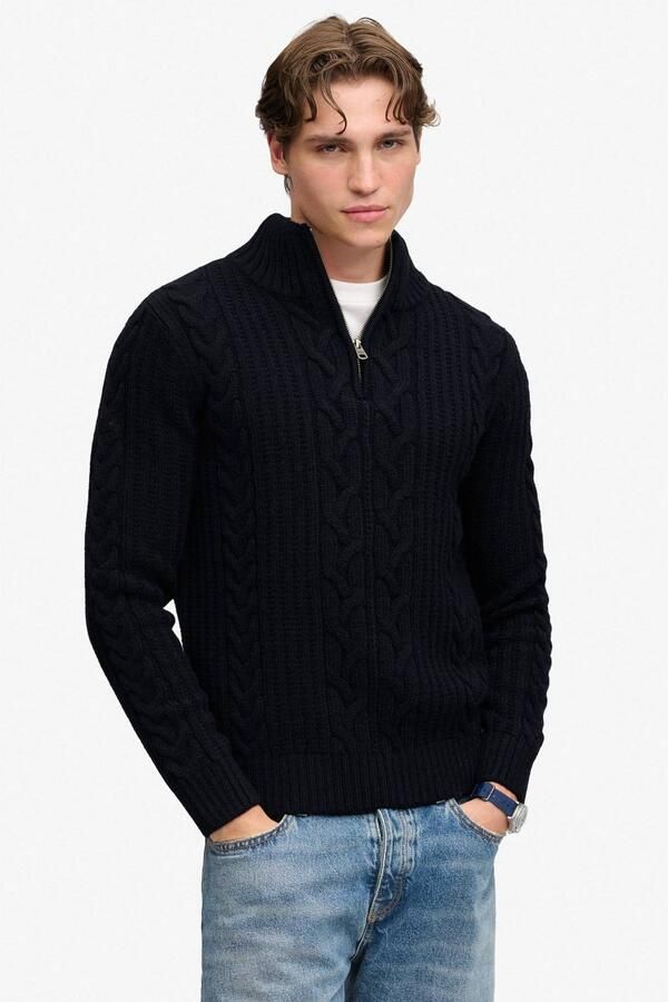 Superdry slim fit gebreide kabeltrui met kabels en wol marineblauw