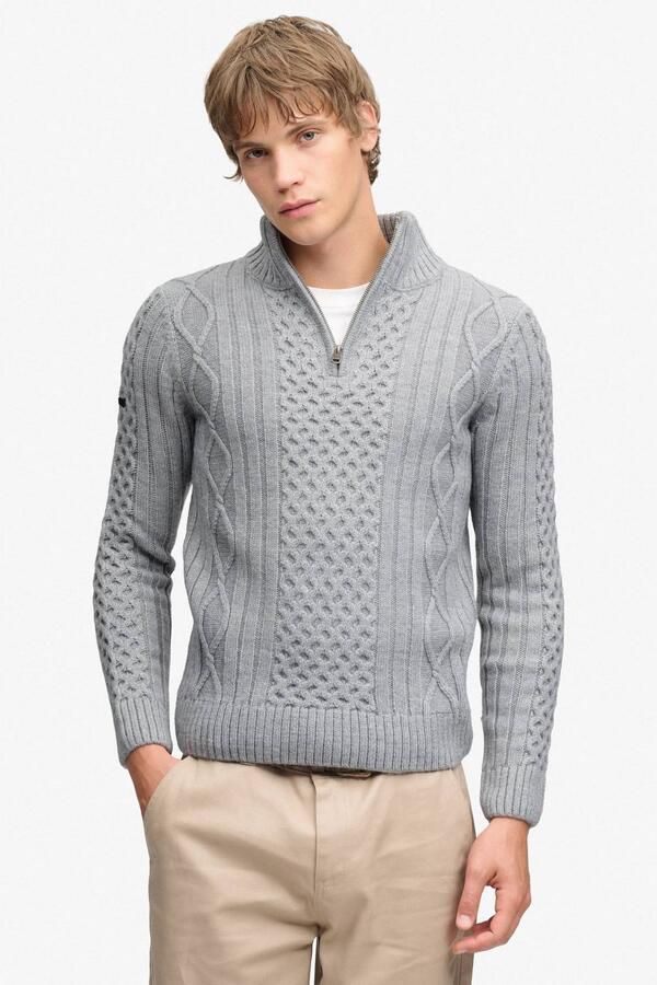 Superdry slim fit gebreide schipperstrui met kabels en wol mid grey