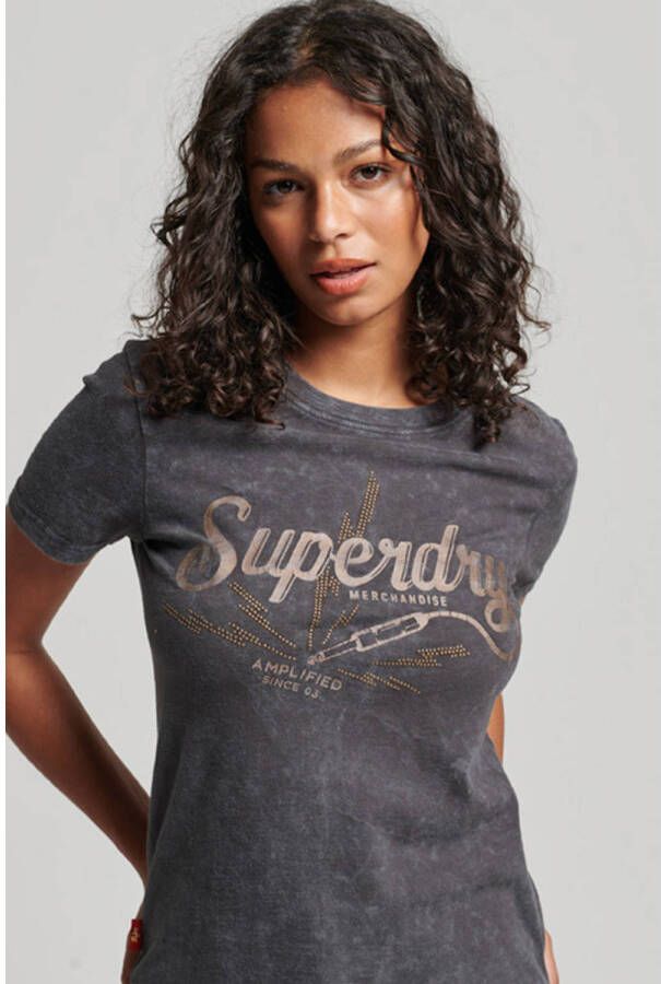Superdry T-shirt met logo en strass steentjes grijs