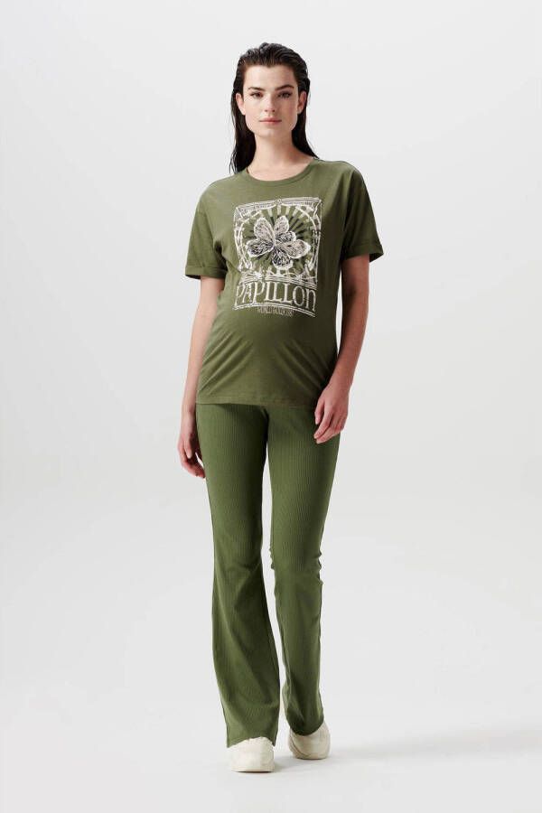 Supermom zwangerschapsshirt Evergreen met pied-de-poule groen T-shirt Dames Katoen Ronde hals XS