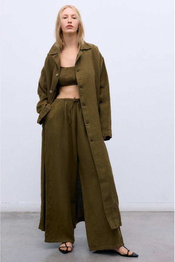 The New Society wide leg regular waist broek met linnen