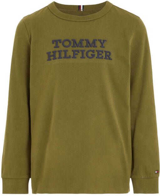 Tommy Hilfiger longsleeve met logo mosgroen Jongens Katoen Ronde hals Logo 104
