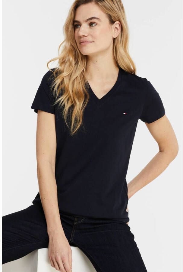 Tommy Hilfiger Basis Katoenen T-Shirt Blauw V-Hals Korte Mouwen Blue Dames