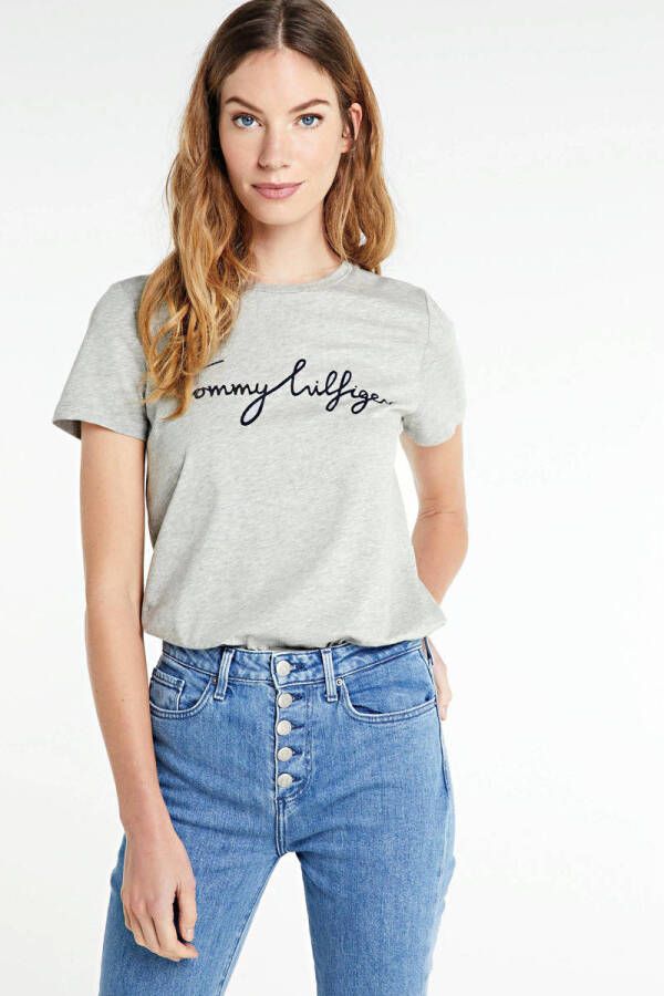 Tommy Hilfiger Logo Signature T-Shirt Grijs Gray Dames