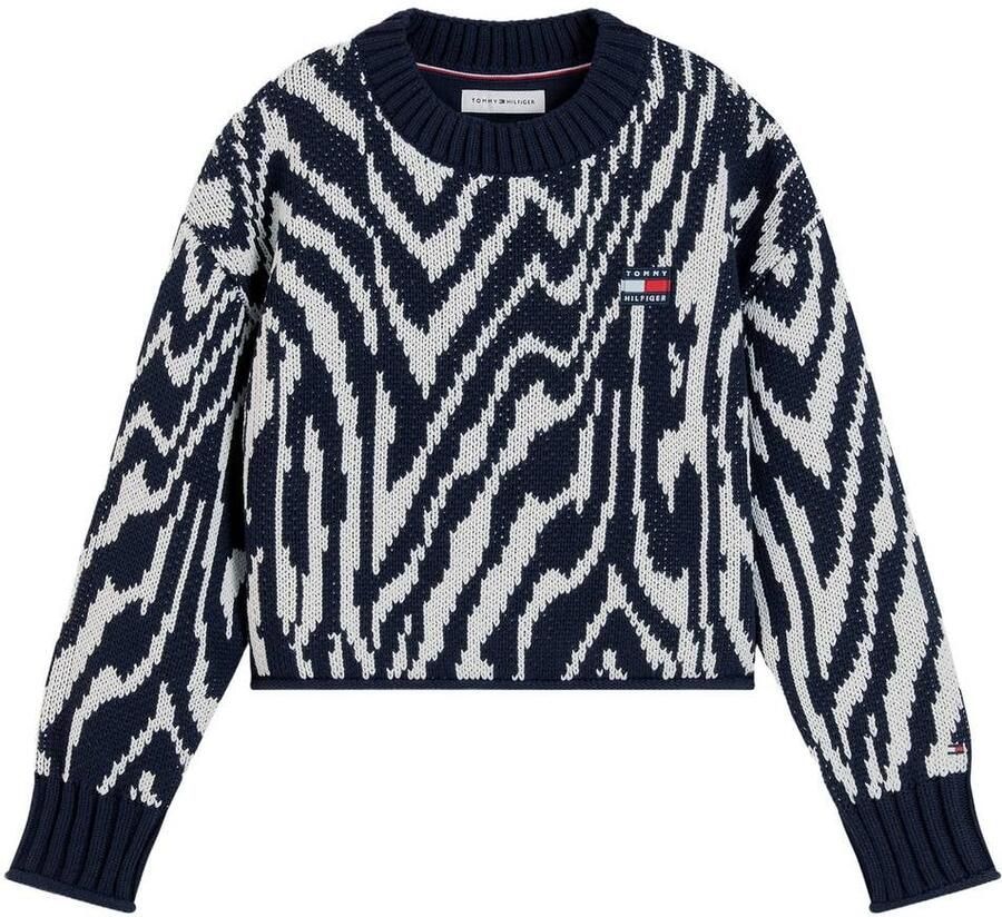 Tommy Hilfiger gebreide trui met print donkerblauw wit Meisjes Katoen Ronde hals