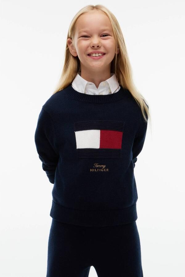 Tommy Hilfiger gebreide trui met wol donkerblauw Meisjes Katoen Logo - Foto 3