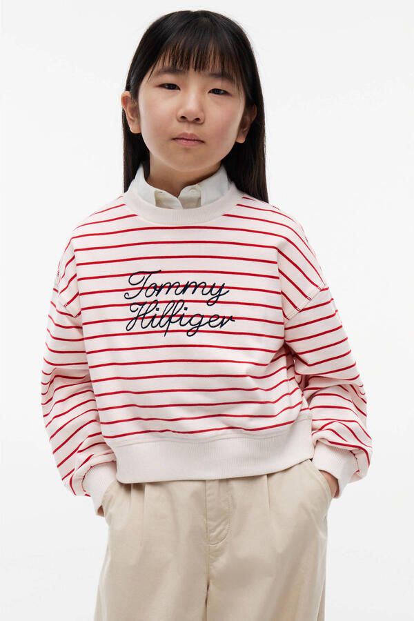 Tommy Hilfiger gestreepte sweater met tekst en borduursels rood - Foto 3