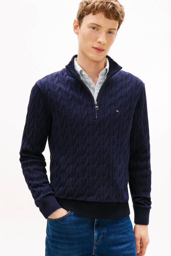 TOMMY HILFIGER Heren Truien & Vesten Classic Cotton Cable Zip Mock Donkerblauw - Foto 5