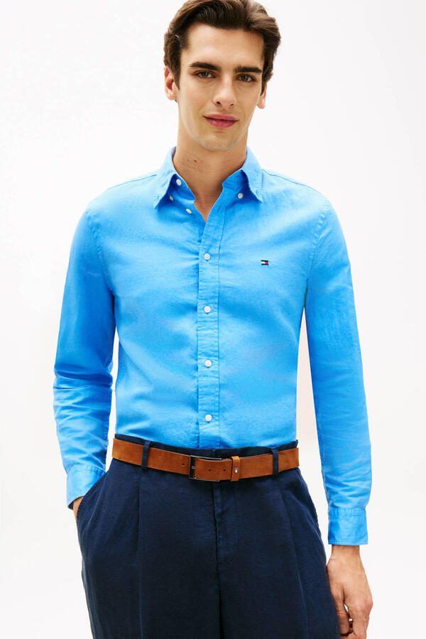 Tommy Hilfiger regular casual overhemd met linnen blauw - Foto 2