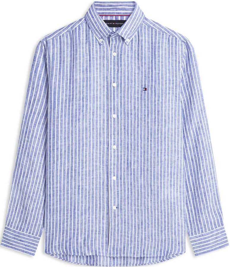 Tommy Hilfiger regular gestreept casual overhemd met linnen blauw