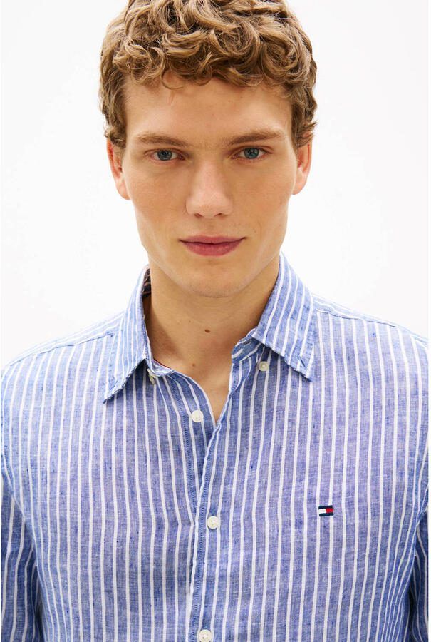 Tommy Hilfiger regular gestreept casual overhemd met linnen blauw - Foto 2