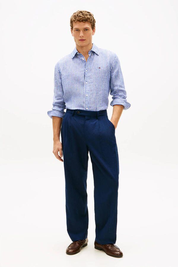 Tommy Hilfiger regular gestreept casual overhemd met linnen blauw - Foto 2
